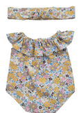 JUSTINE - Barboteuse liberty jaune + bandeau assorti