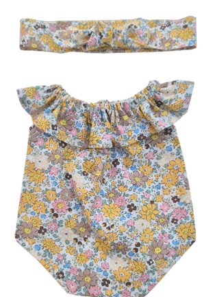 JUSTINE - Barboteuse liberty jaune + bandeau assorti