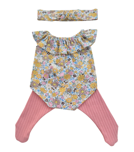 JUSTINE - Barboteuseobe liberty jaune + bandeau assortis et collant rose