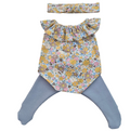 JUSTINE - Barboteuserobe liberty jaune + bandeau assortis et collant bleu