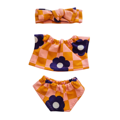 CHARLIE-ENSEMBLE TEE-SHIRT + CULOTTE + BANDEAU DAMIER/FLEUR