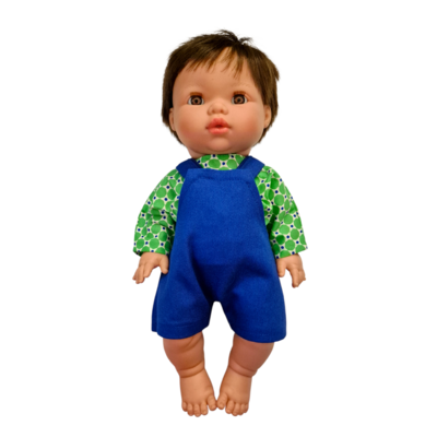 LINH-SALOPETTE COURTE BLEU + CHEMISE POIS