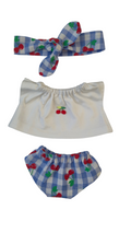 culotte vichy cerises + tee-shirt appliqué cerises + bandeau vichy cerises