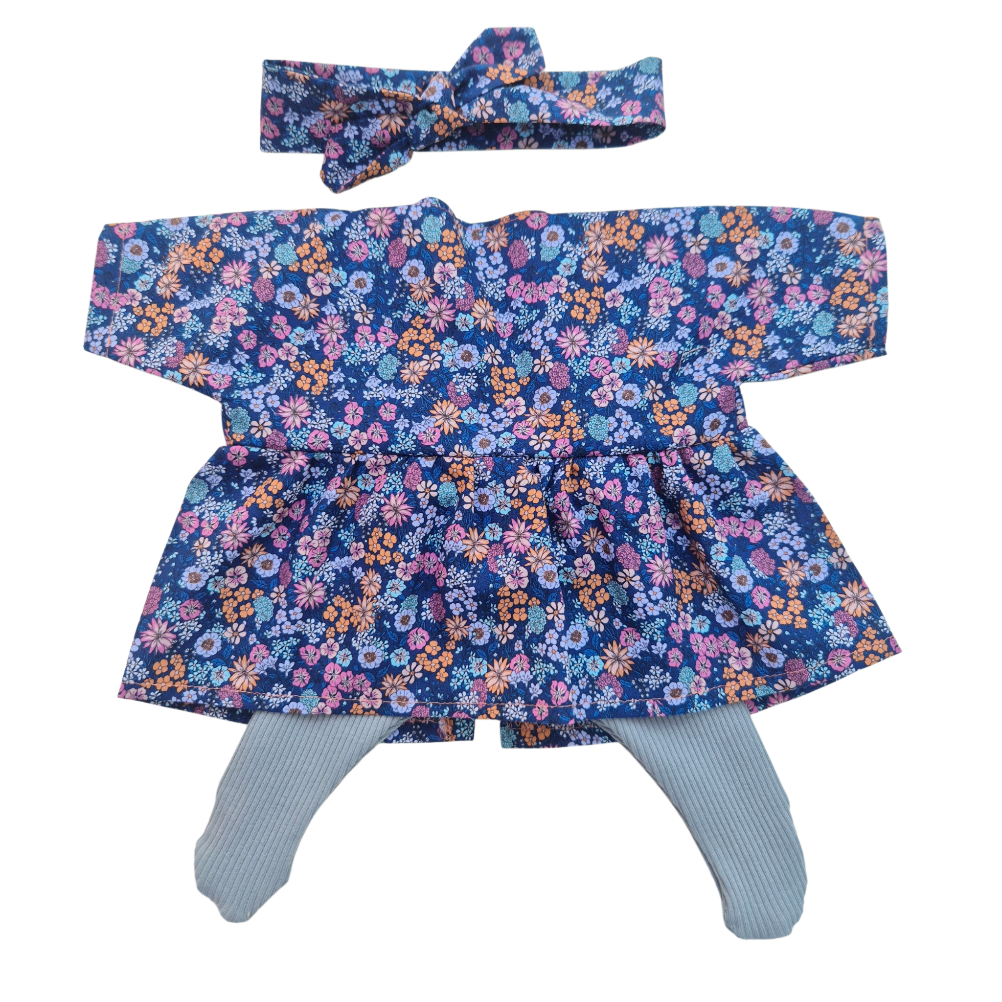 JUSTINE - robe liberty bleu + bandeau assortis et collant bleu