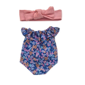 JUSTINE - Barboteuse liberty bleu + bandeau rose