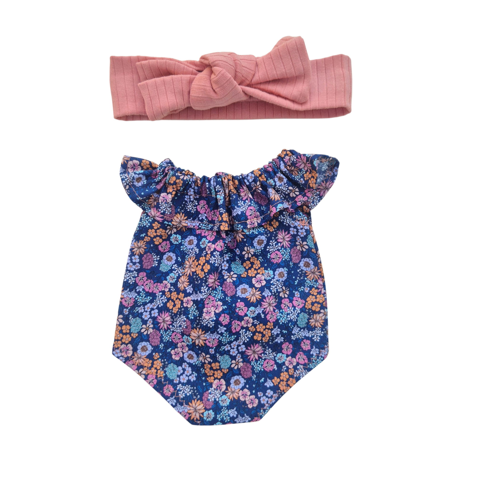 JUSTINE - Barboteuse liberty bleu + bandeau rose