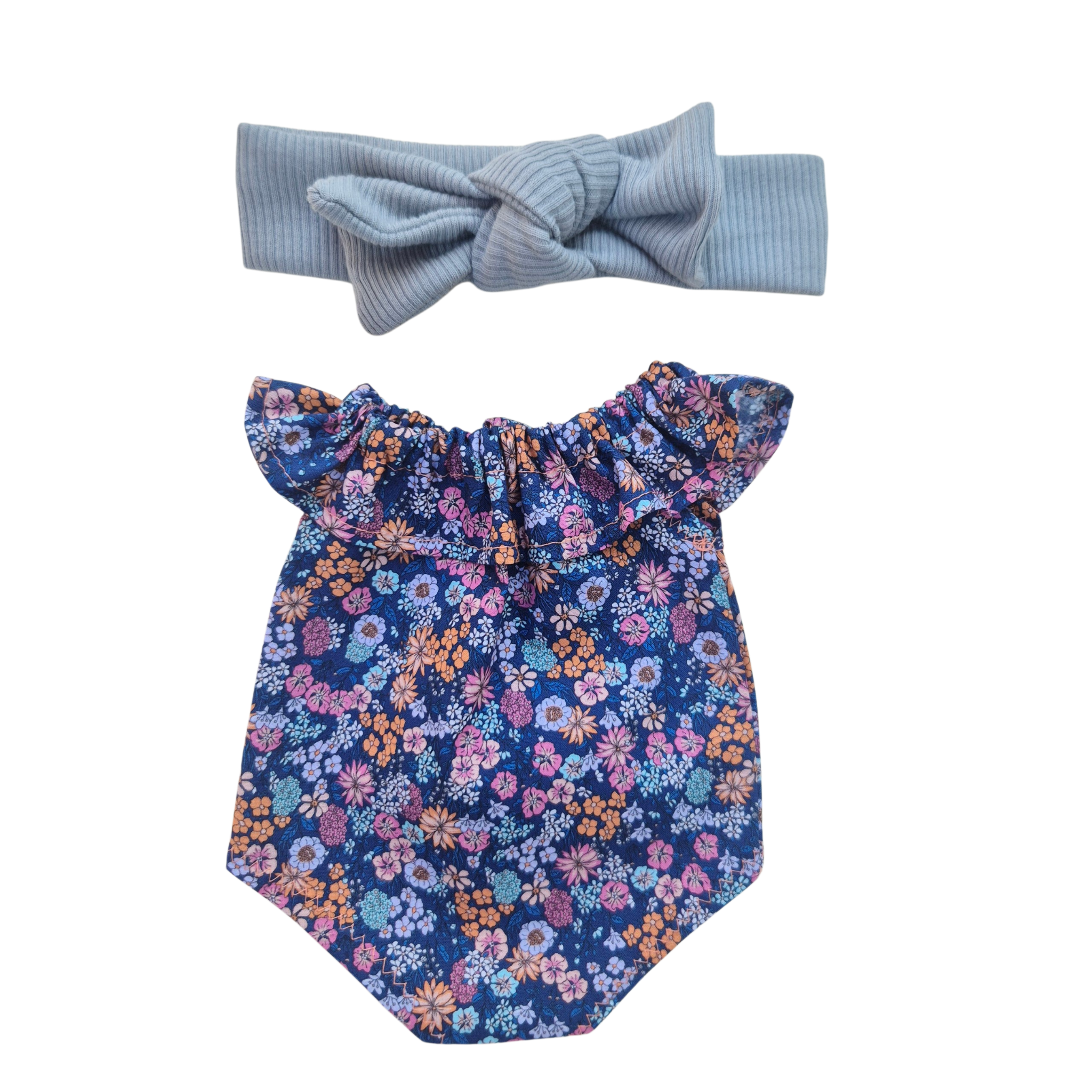JUSTINE - Barboteuse liberty bleu + bandeau bleu