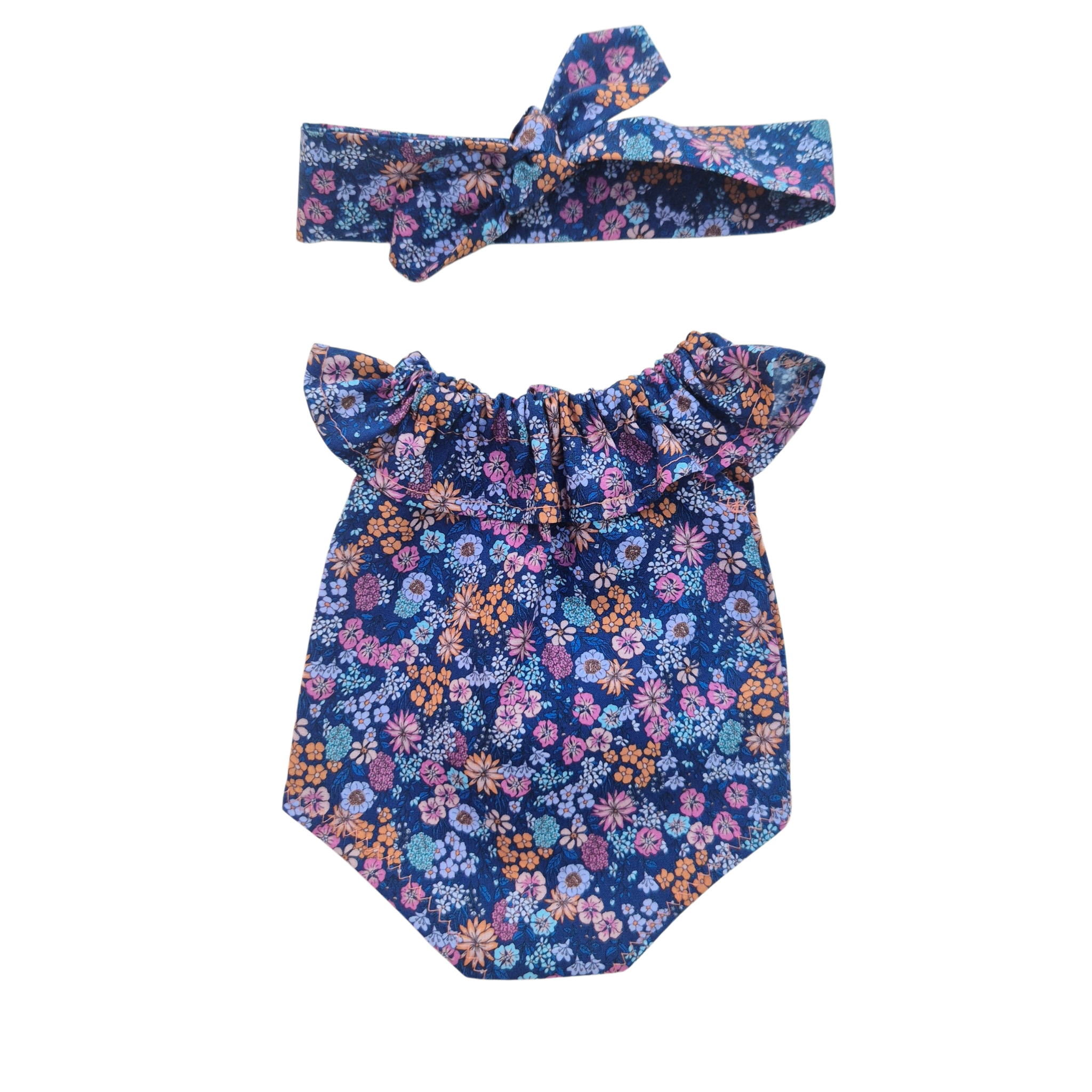 JUSTINE - Barboteuse liberty bleu + bandeau assorti