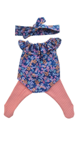 JUSTINE - Barboteuseobe liberty bleu + bandeau assortis et collant rose