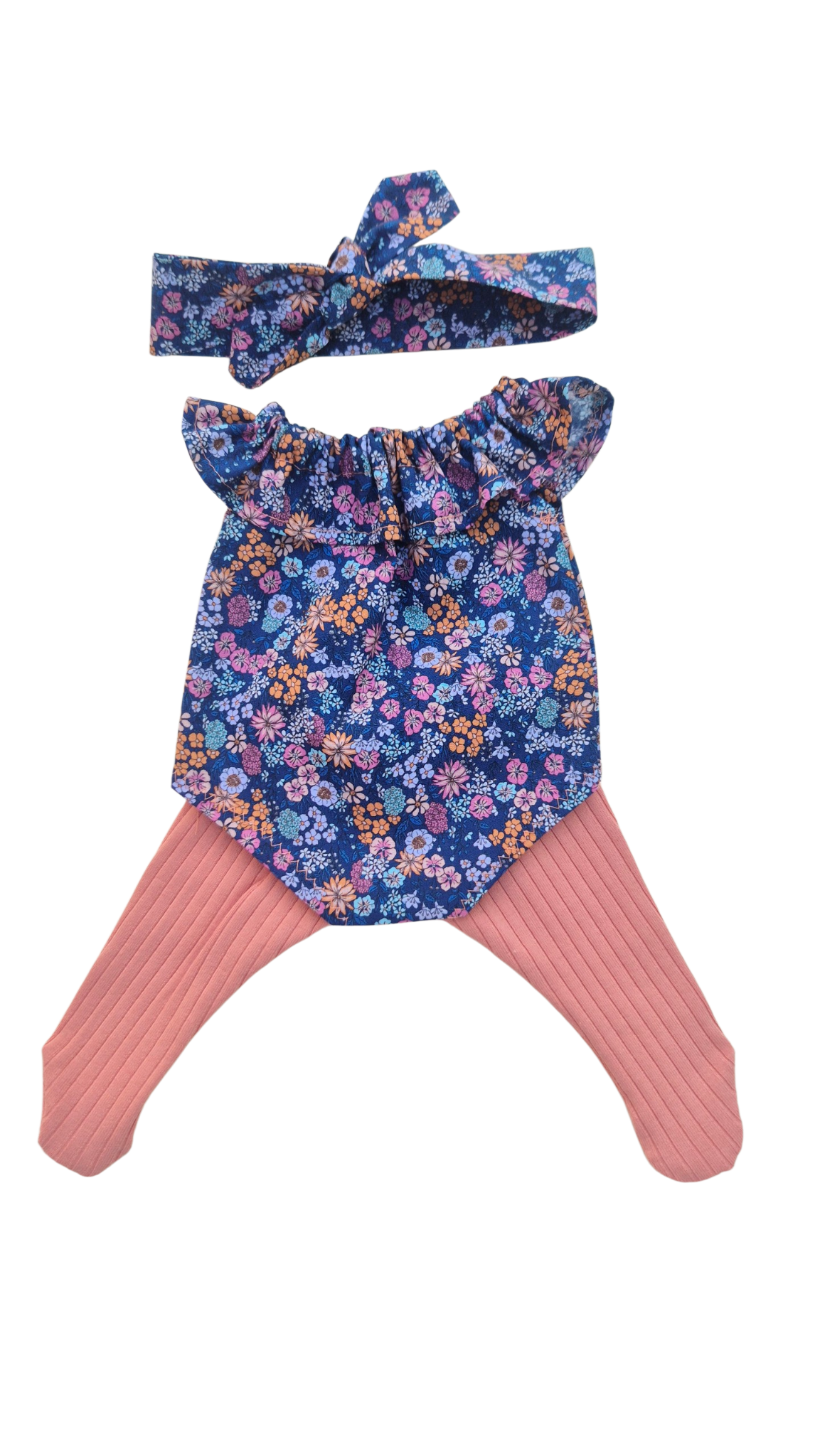 JUSTINE - Barboteuseobe liberty bleu + bandeau assortis et collant rose