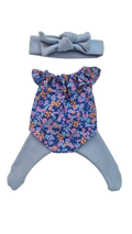 JUSTINE - Barboteuse liberty bleu + bandeau et collant bleu