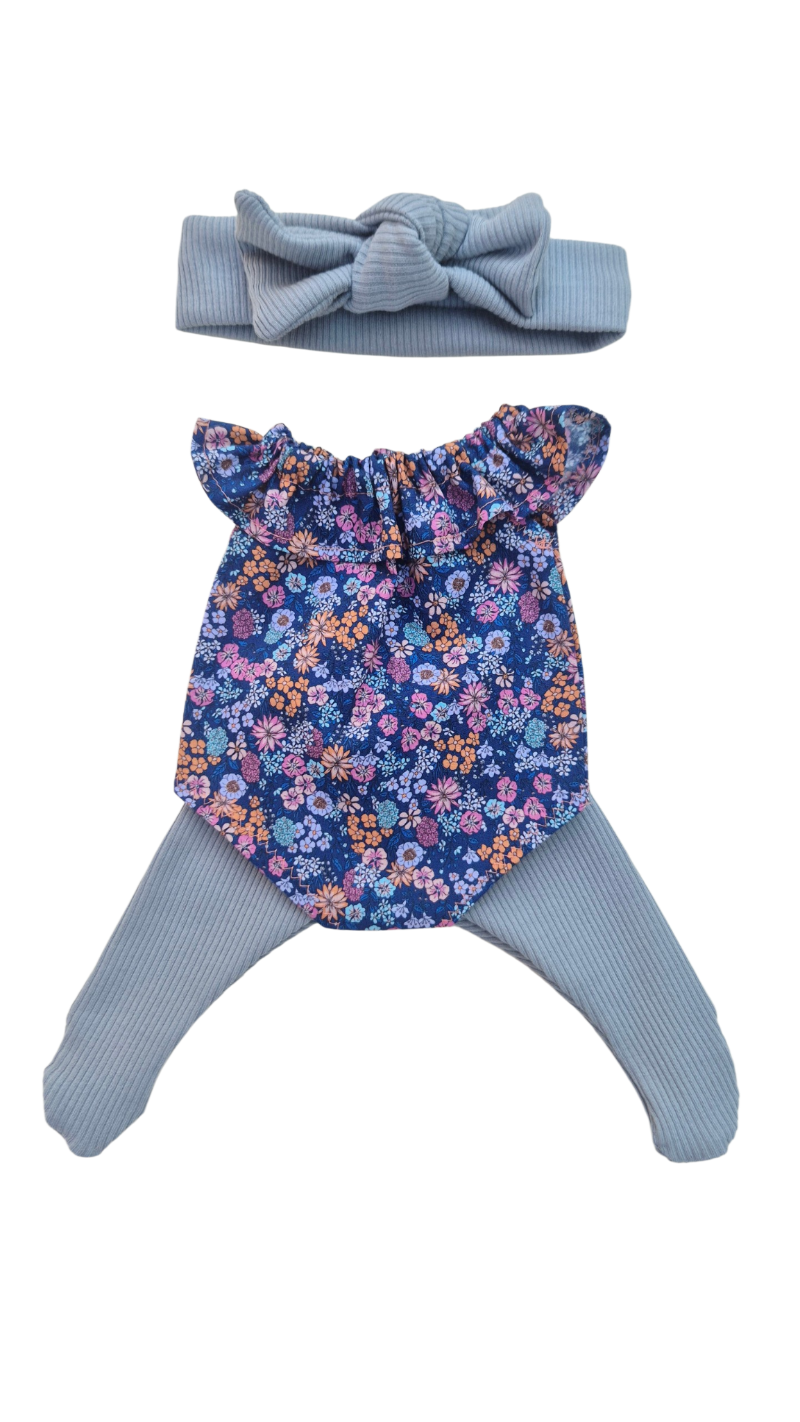 JUSTINE - Barboteuse liberty bleu + bandeau et collant bleu