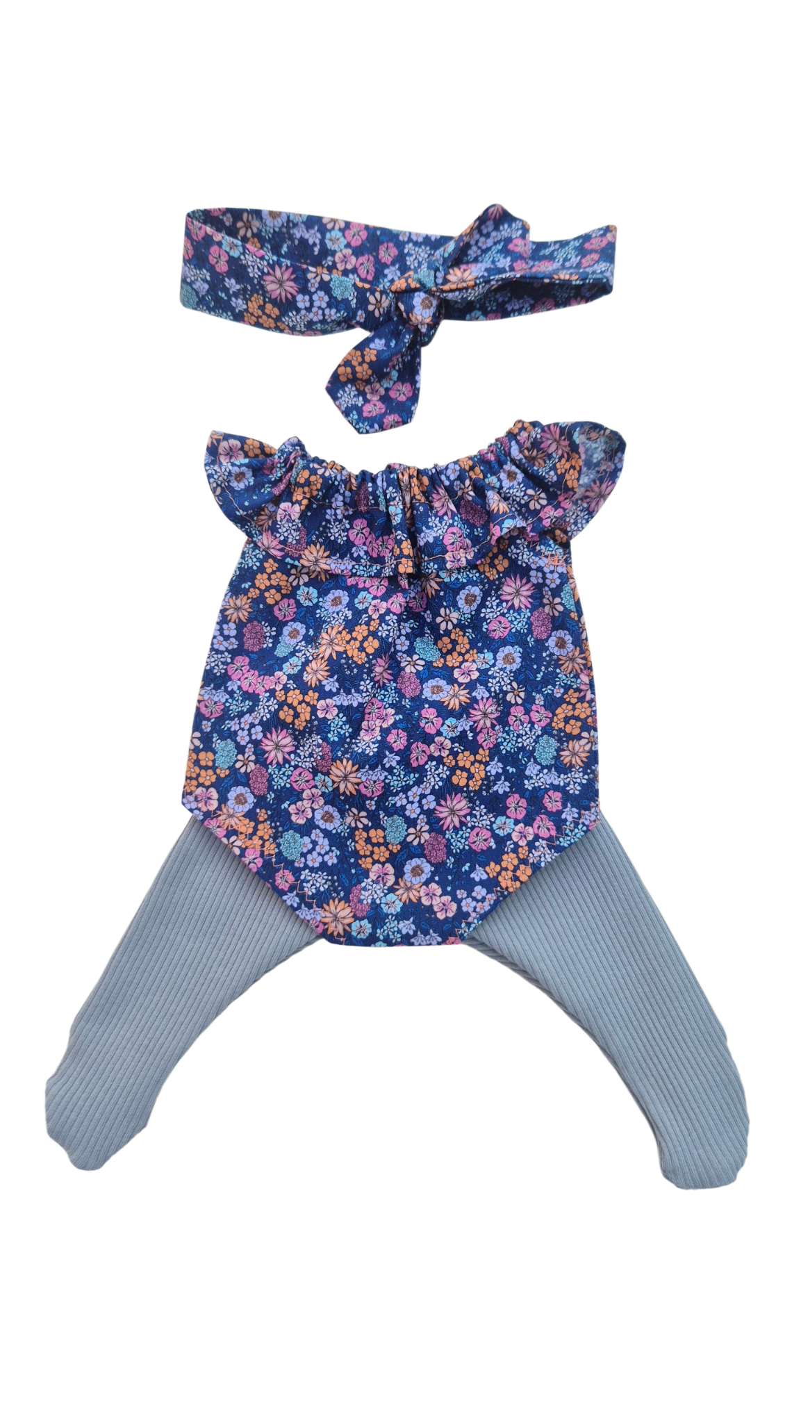 JUSTINE - Barboteuserobe liberty bleu + bandeau assortis et collant bleu