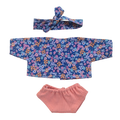JUSTINE - Chemise liberty bleu et bandeau assorti + culotte rose