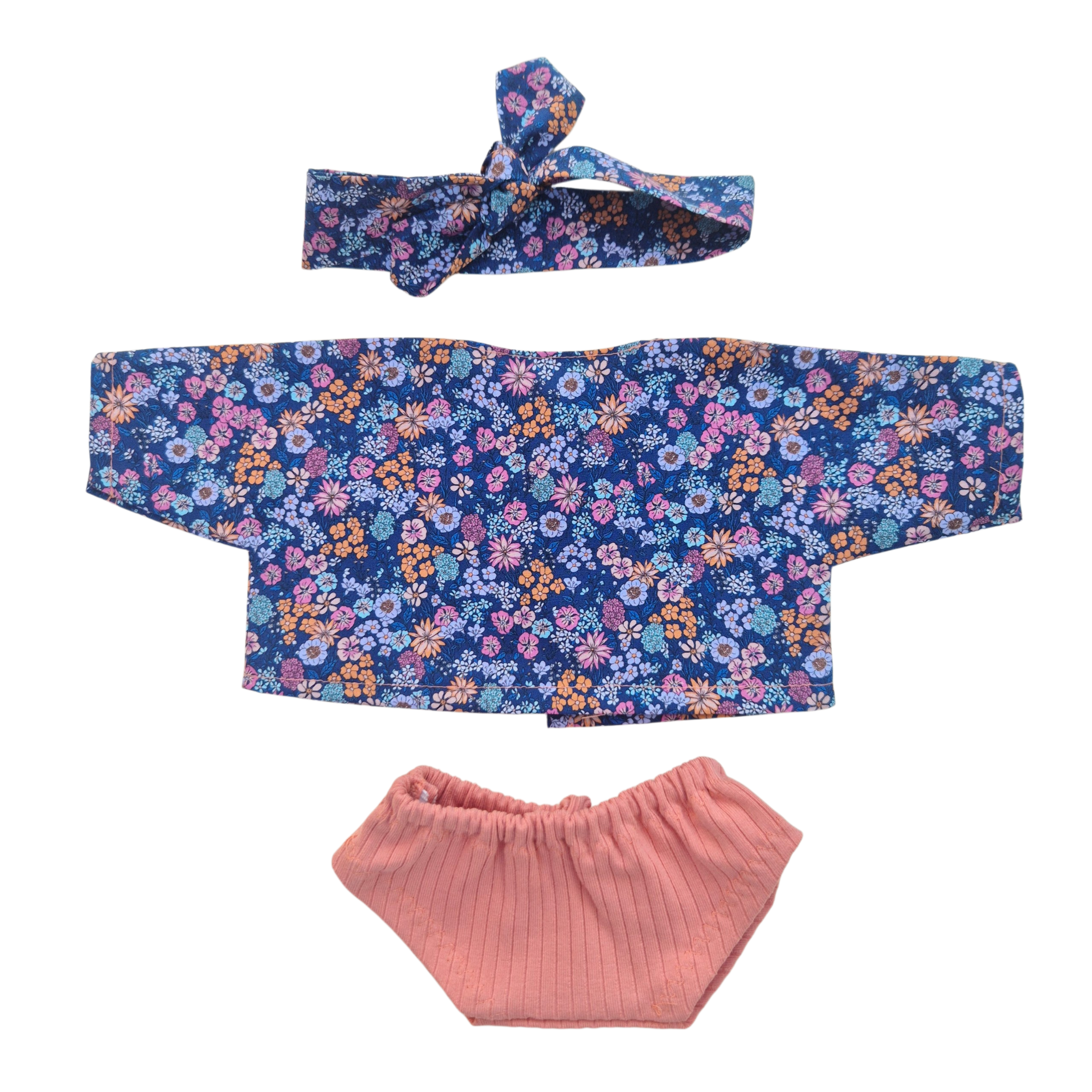 JUSTINE - Chemise liberty bleu et bandeau assorti + culotte rose
