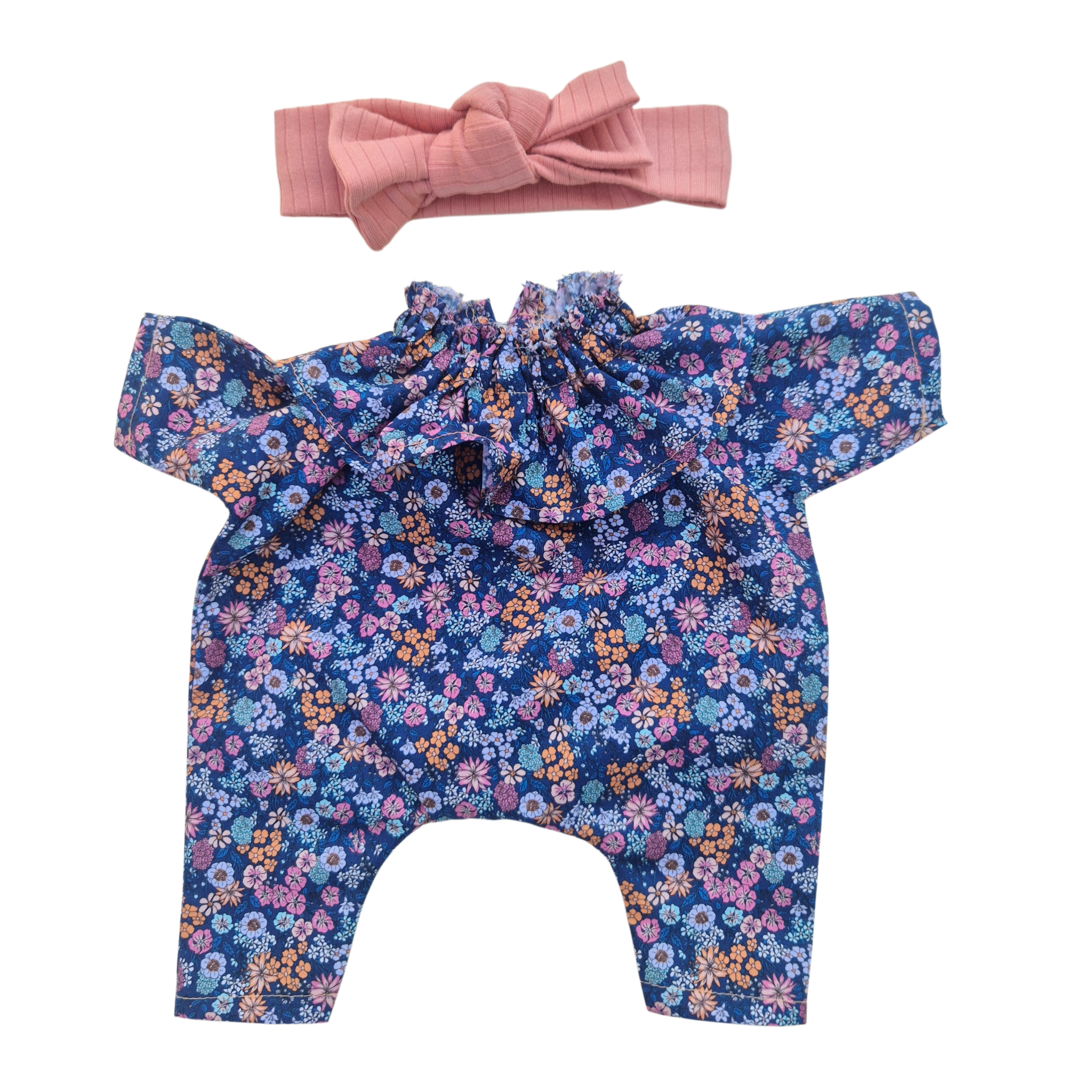 JUSTINE - Combinaison Pierrot liberty bleu + bandeau jersey rose