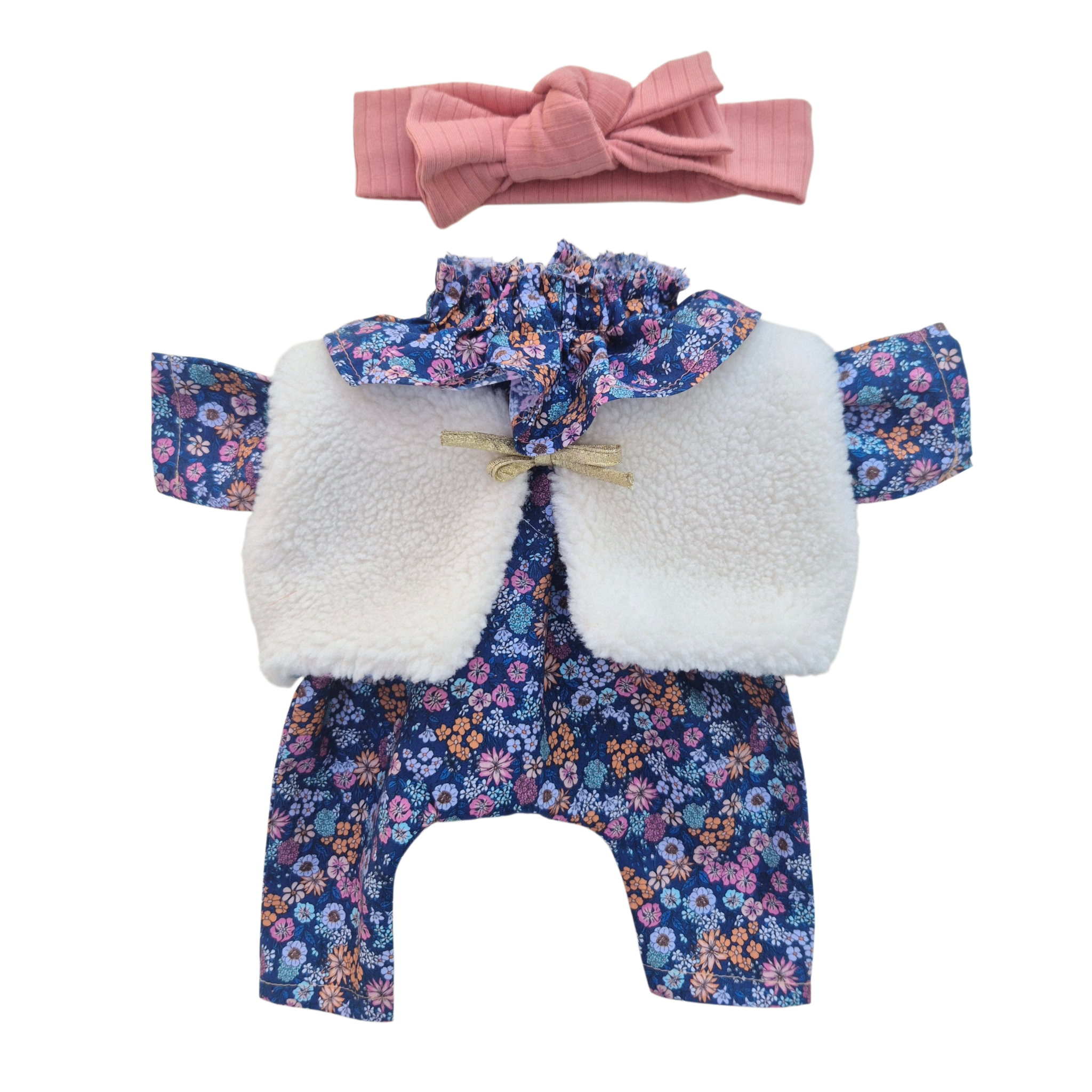 JUSTINE - Combinaison Pierrot liberty bleu + bandeau jersey rose + gilet