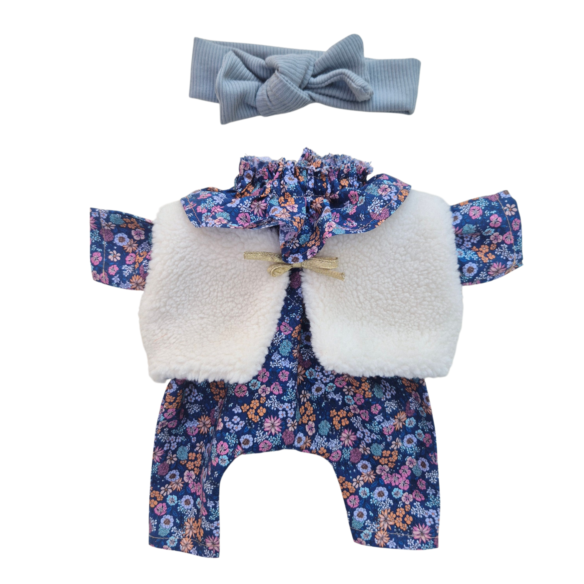 JUSTINE - Combinaison Pierrot liberty bleu + bandeau jersey bleu + gilet
