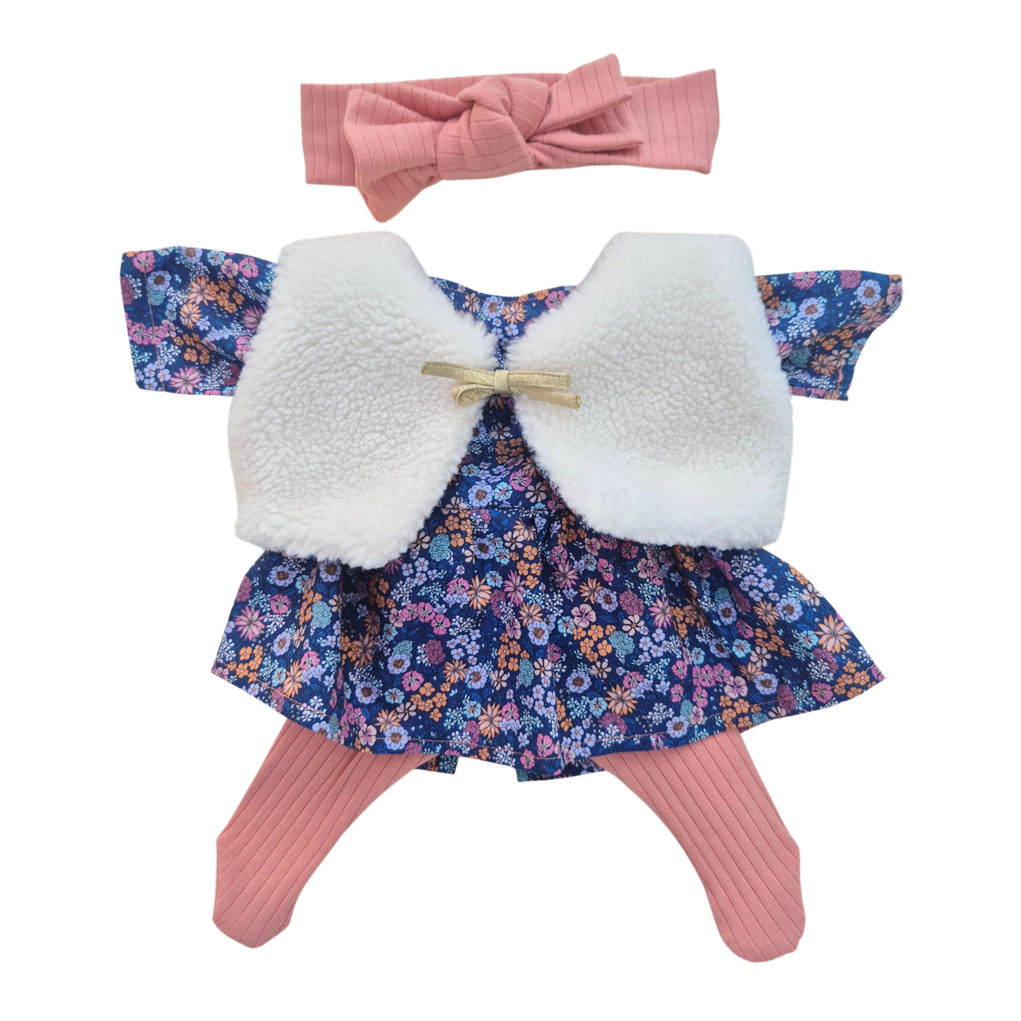 JUSTINE - robe liberty bleu + bandeau et collant rose + gilet
