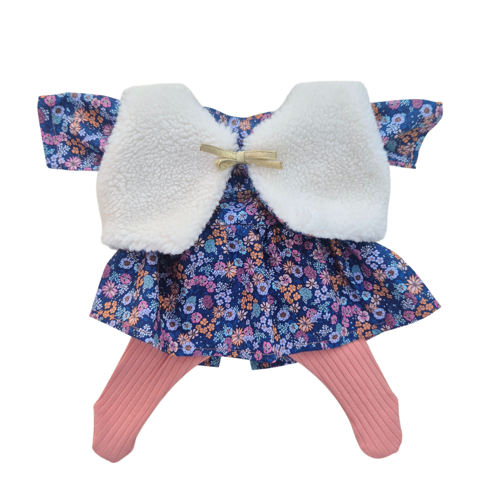 JUSTINE - robe liberty bleu + collant rose + gilet