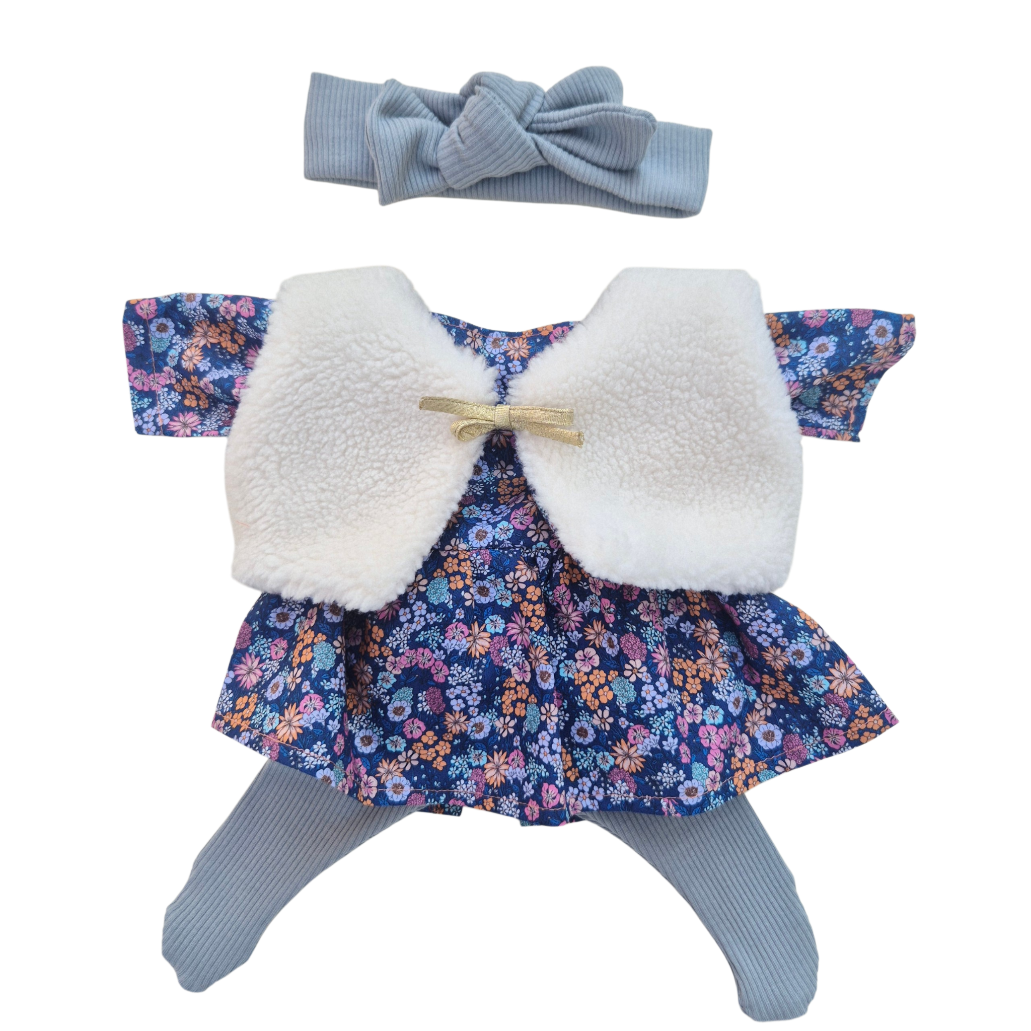JUSTINE - robe liberty bleu + bandeau et collant bleu + gilet