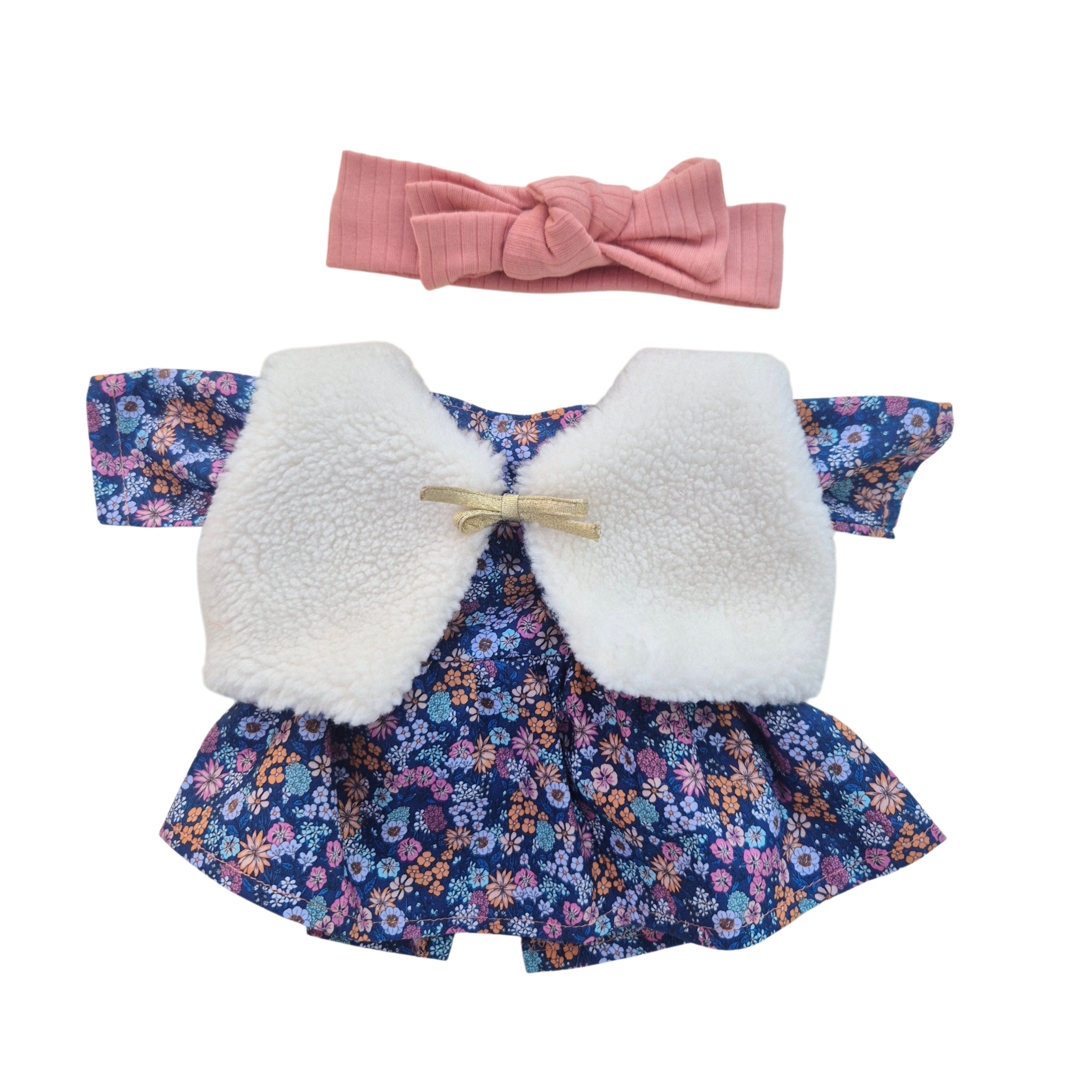 JUSTINE - robe liberty bleu + bandeau rose + gilet
