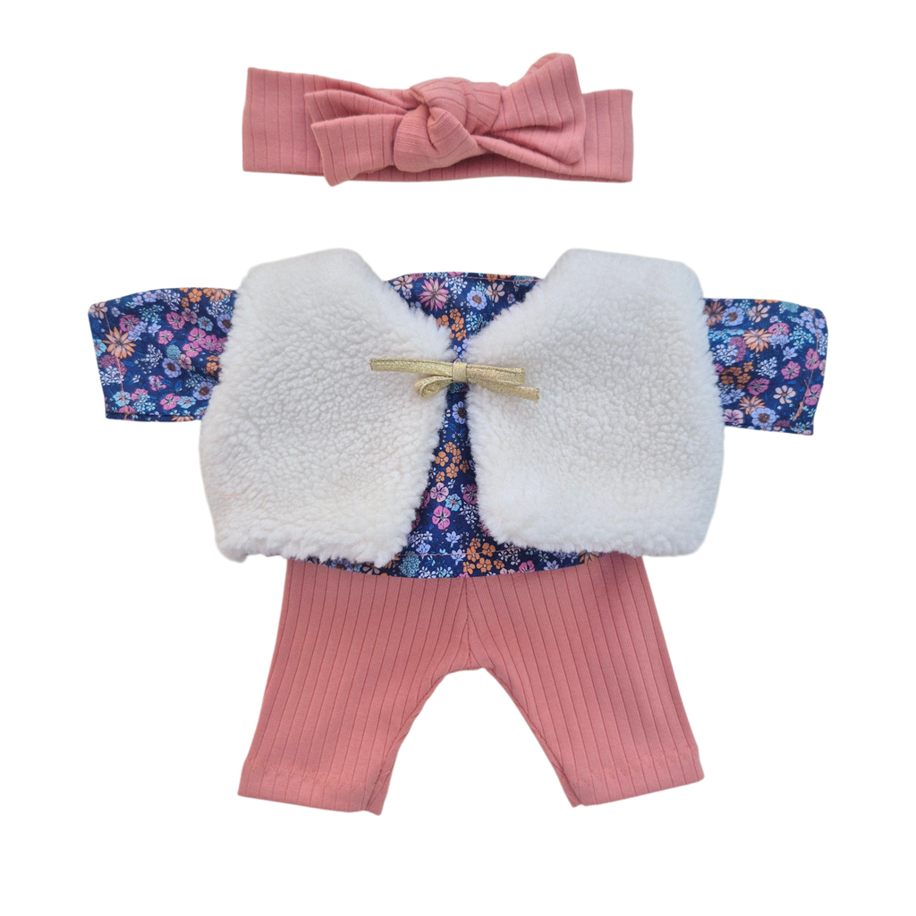 JUSTINE - Chemise liberty bleu + pantalon et bandeau rose + gilet