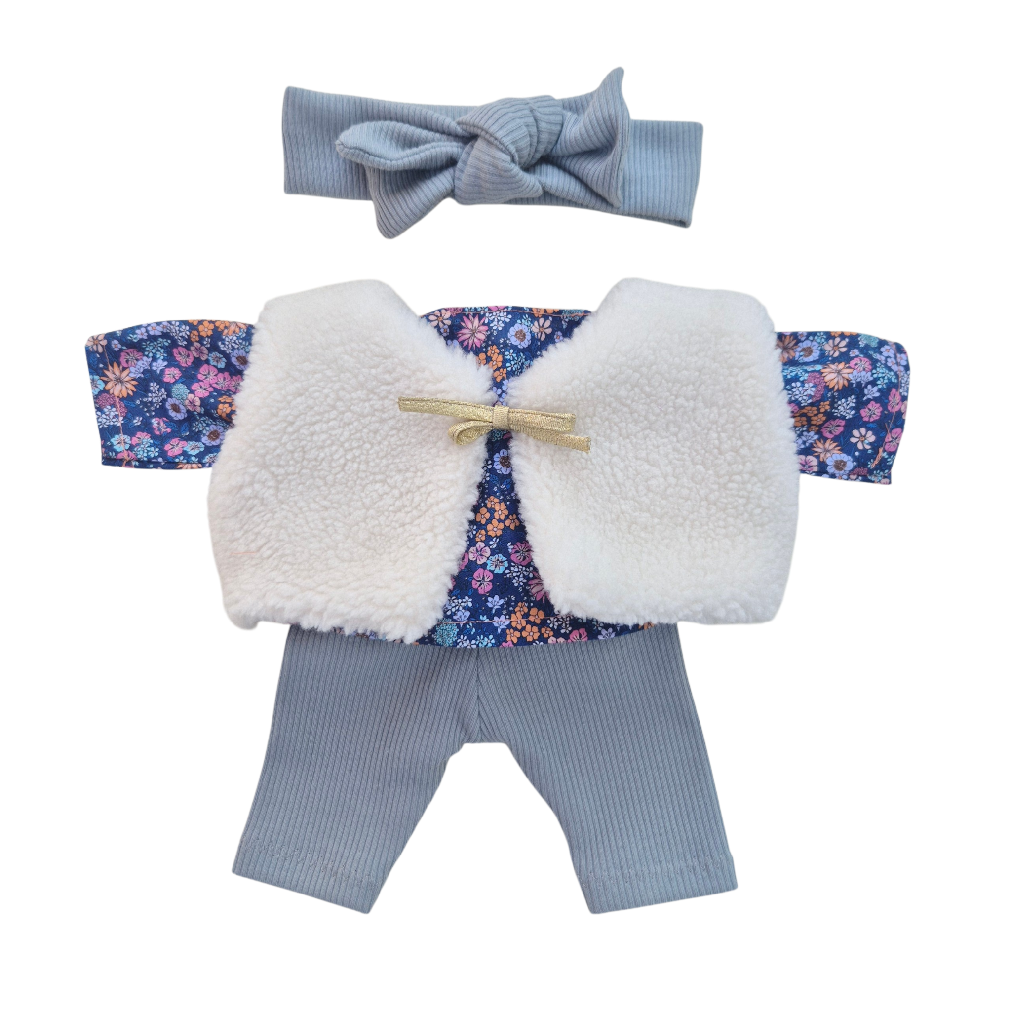 JUSTINE - Chemise liberty bleu + pantalon et bandeau bleu + gilet