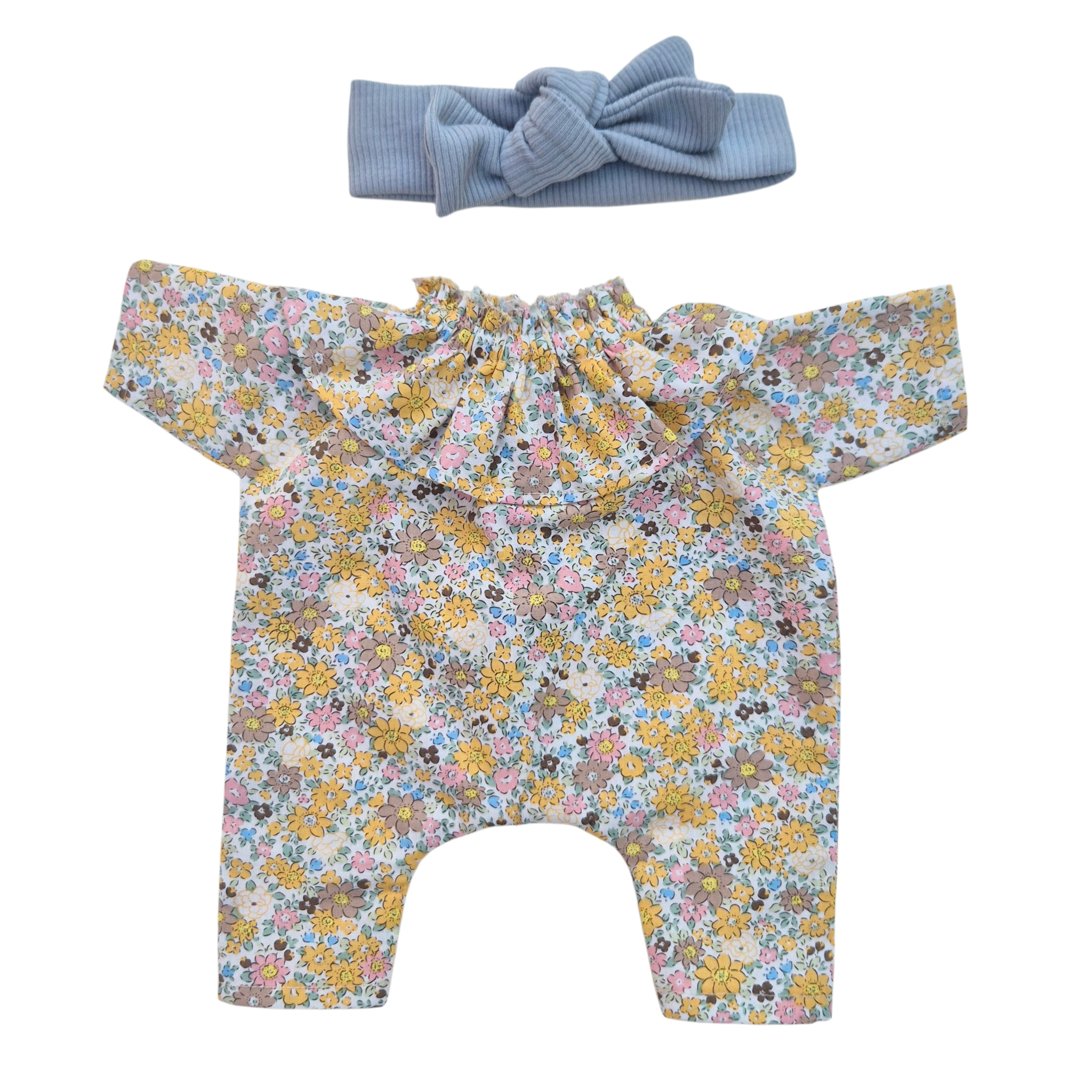 JUSTINE - Combinaison Pierrot liberty jaune + bandeau jersey bleu