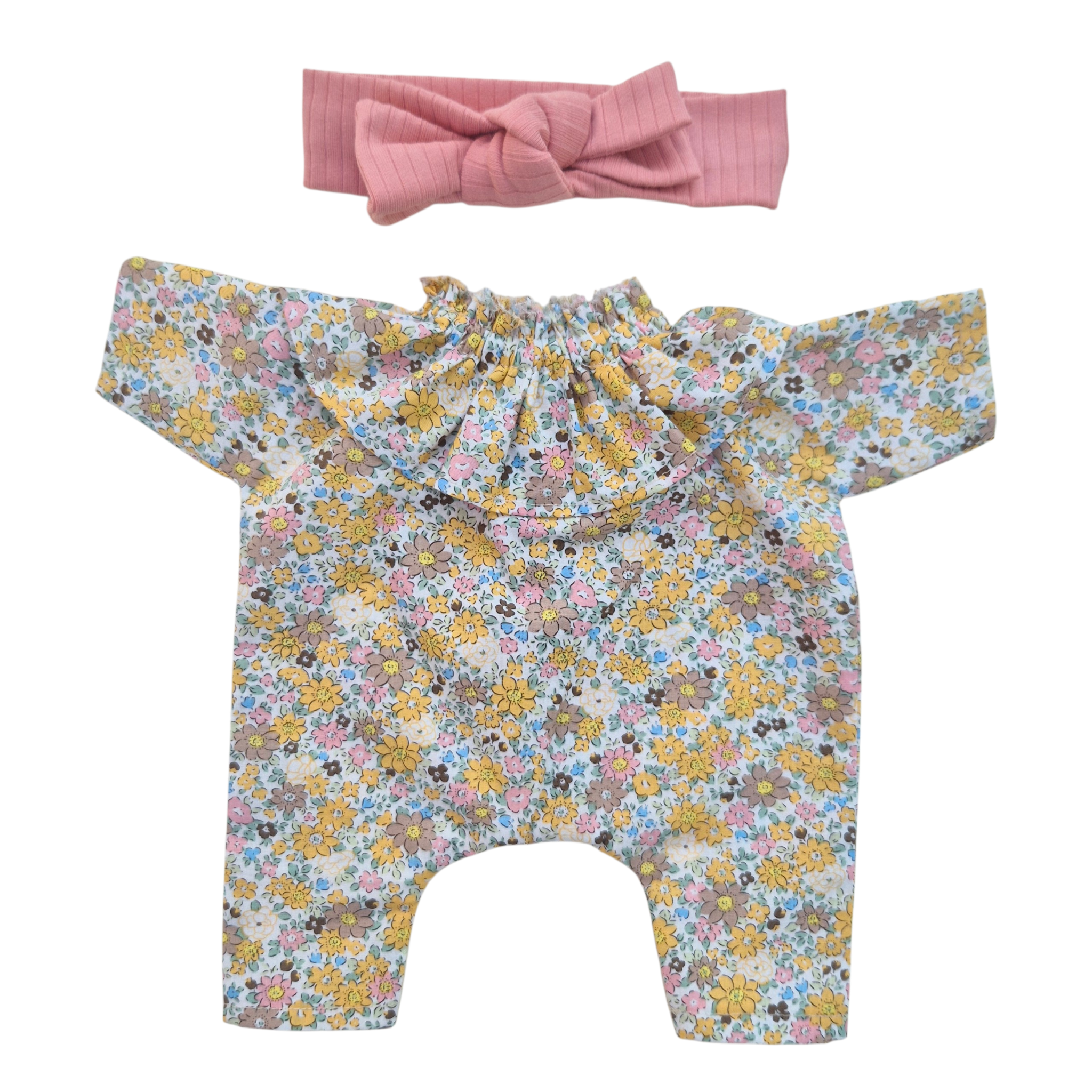 JUSTINE - Combinaison Pierrot liberty jaune + bandeau jersey rose