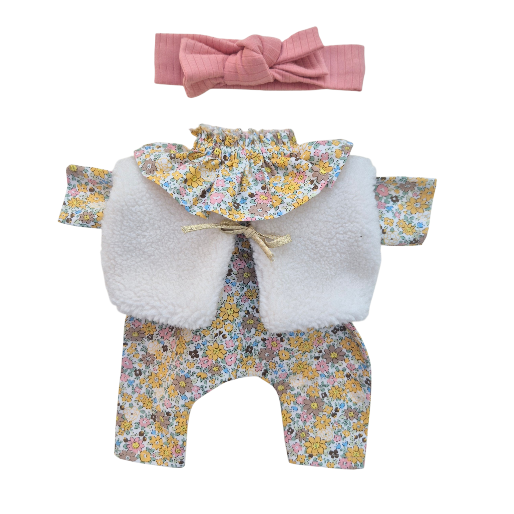 JUSTINE - Combinaison Pierrot liberty jaune + bandeau jersey rose + gilet