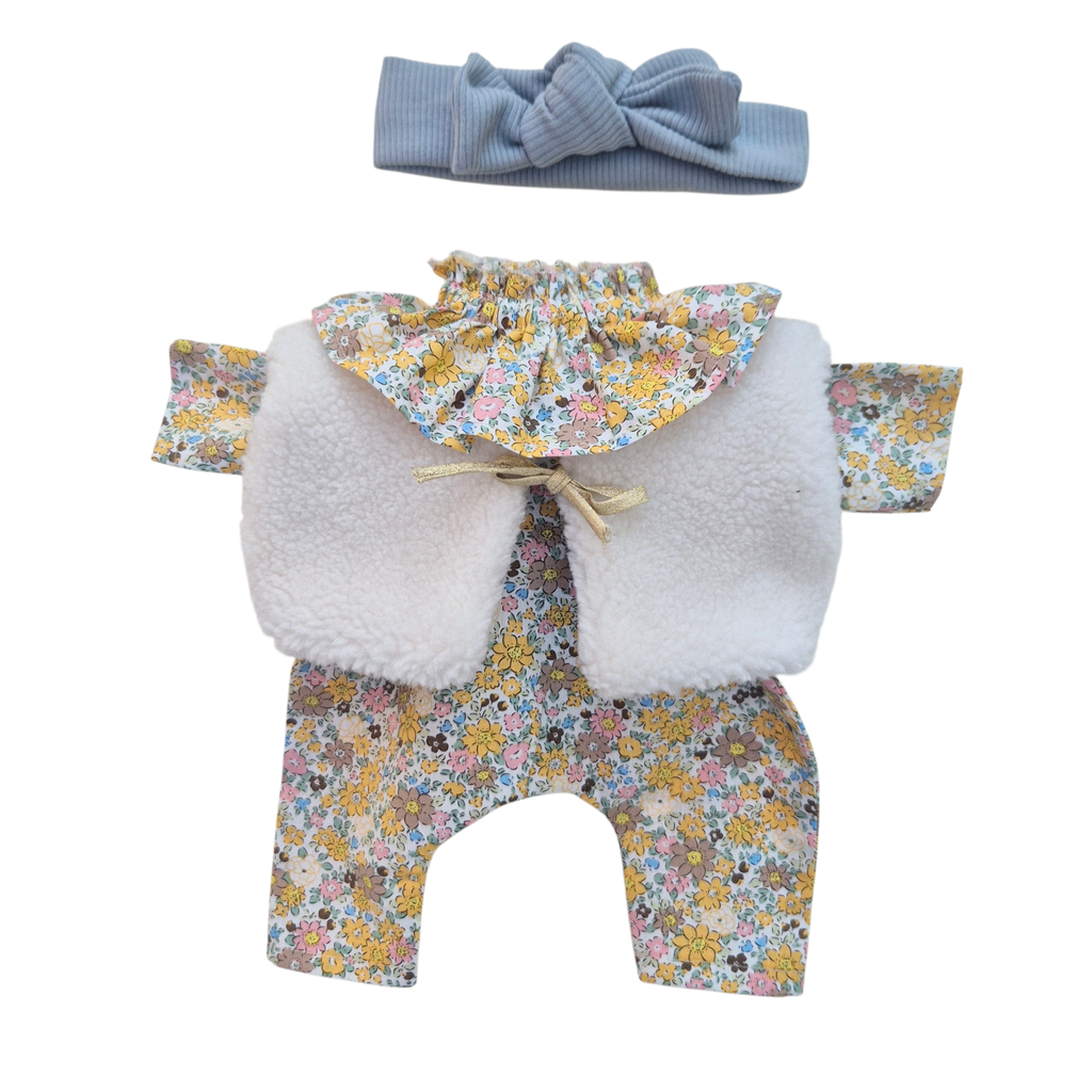 JUSTINE - Combinaison Pierrot liberty jaune + bandeau jersey bleu + gilet