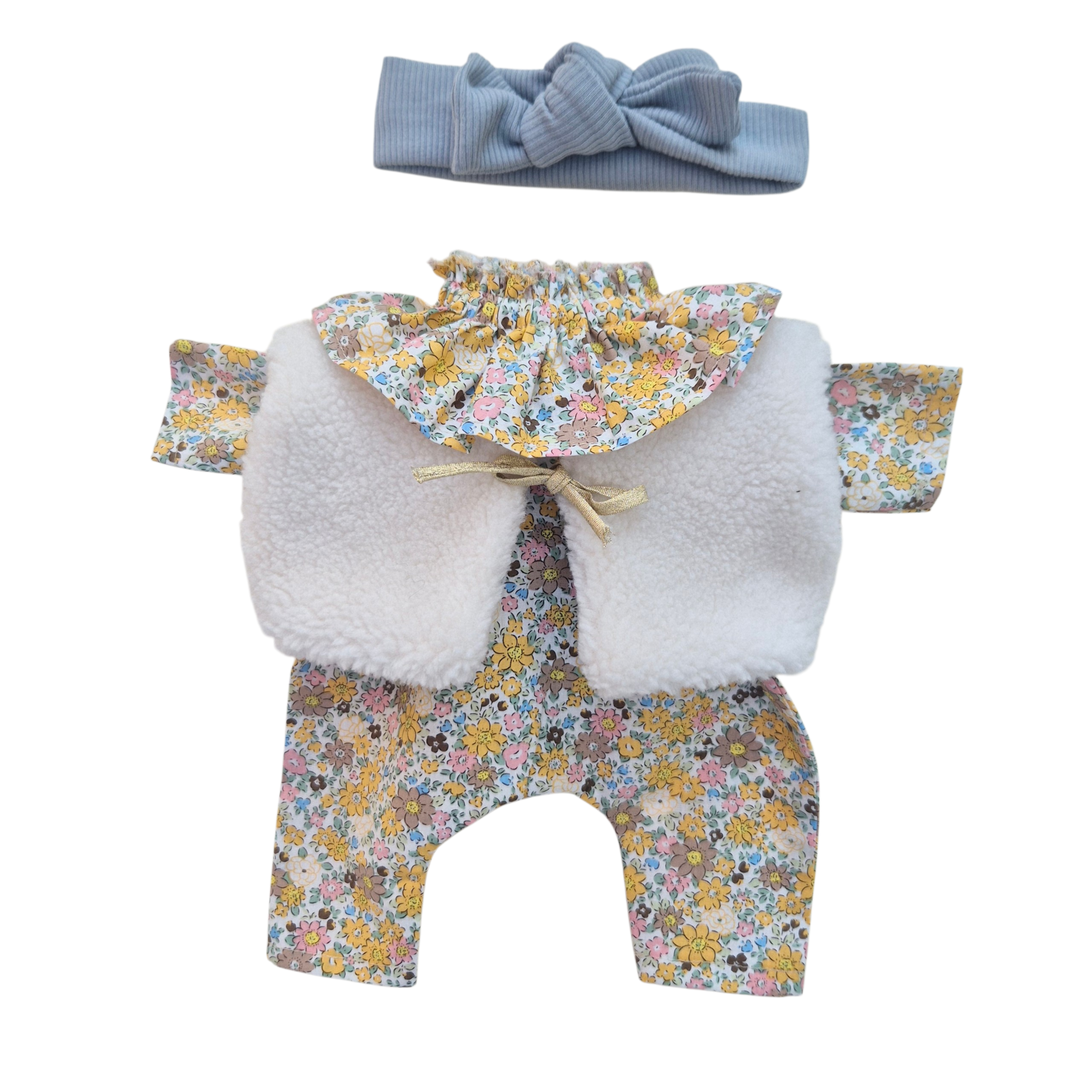 JUSTINE - Combinaison Pierrot liberty jaune + bandeau jersey bleu + gilet