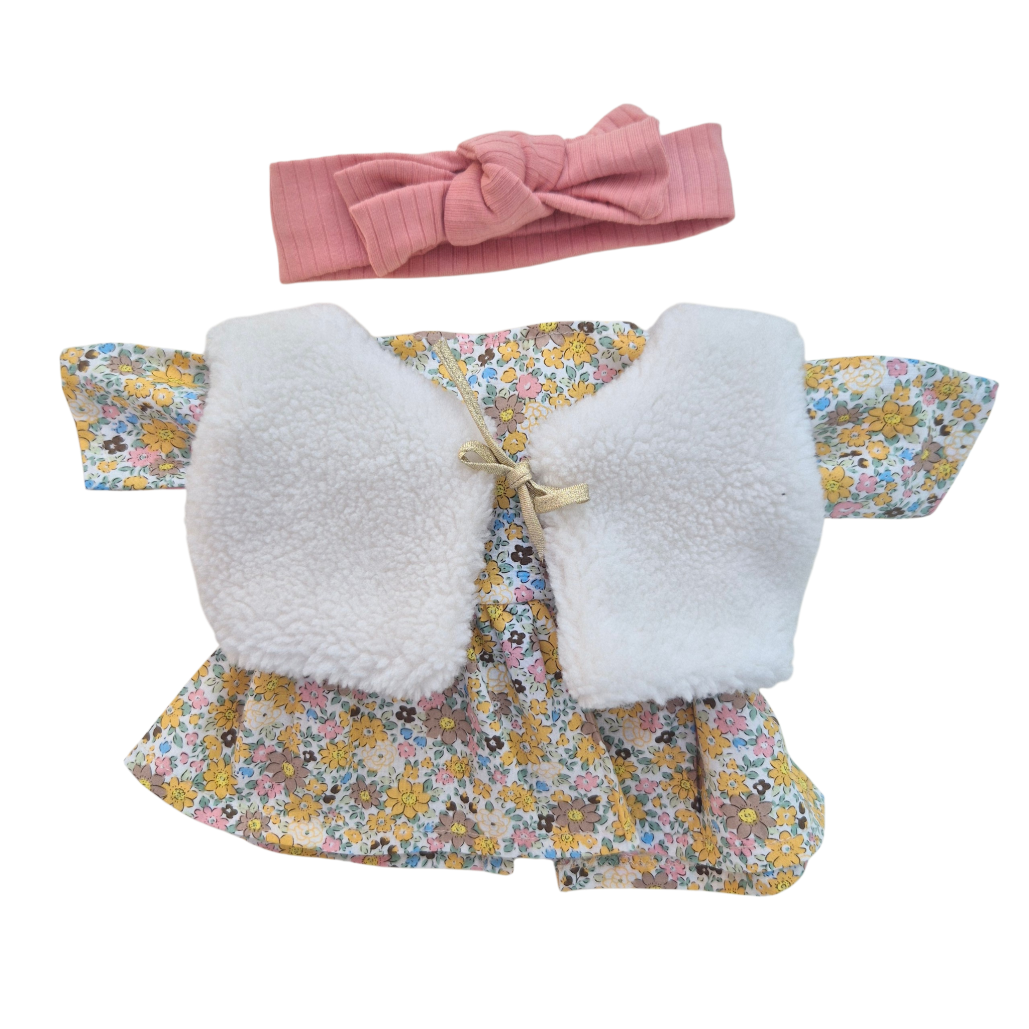JUSTINE - robe liberty jaune + bandeau rose + gilet