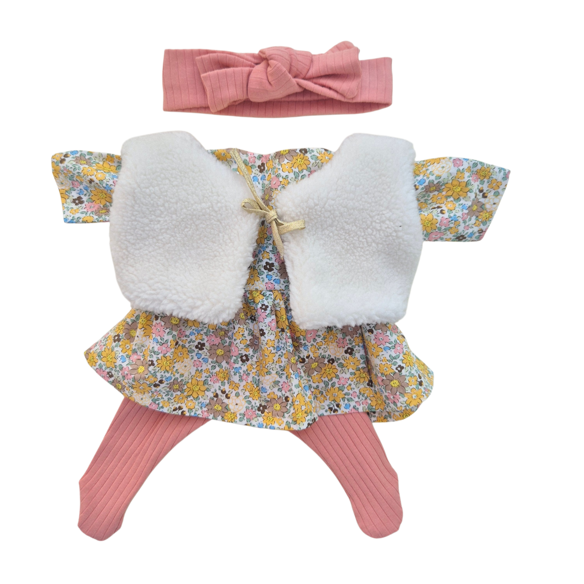 JUSTINE - robe liberty jaune + bandeau et collant rose + gilet