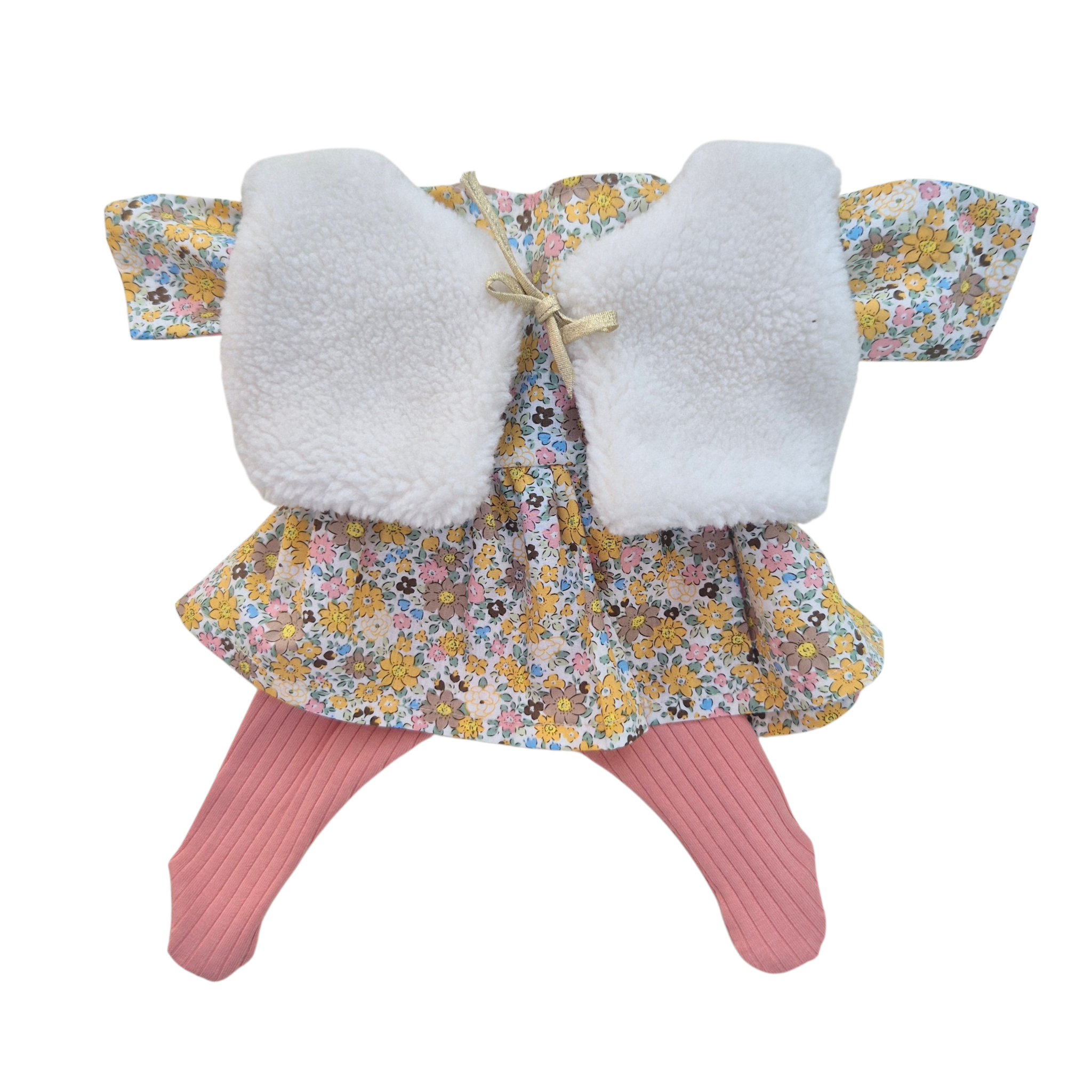 JUSTINE - robe liberty jaune + collant rose + gilet