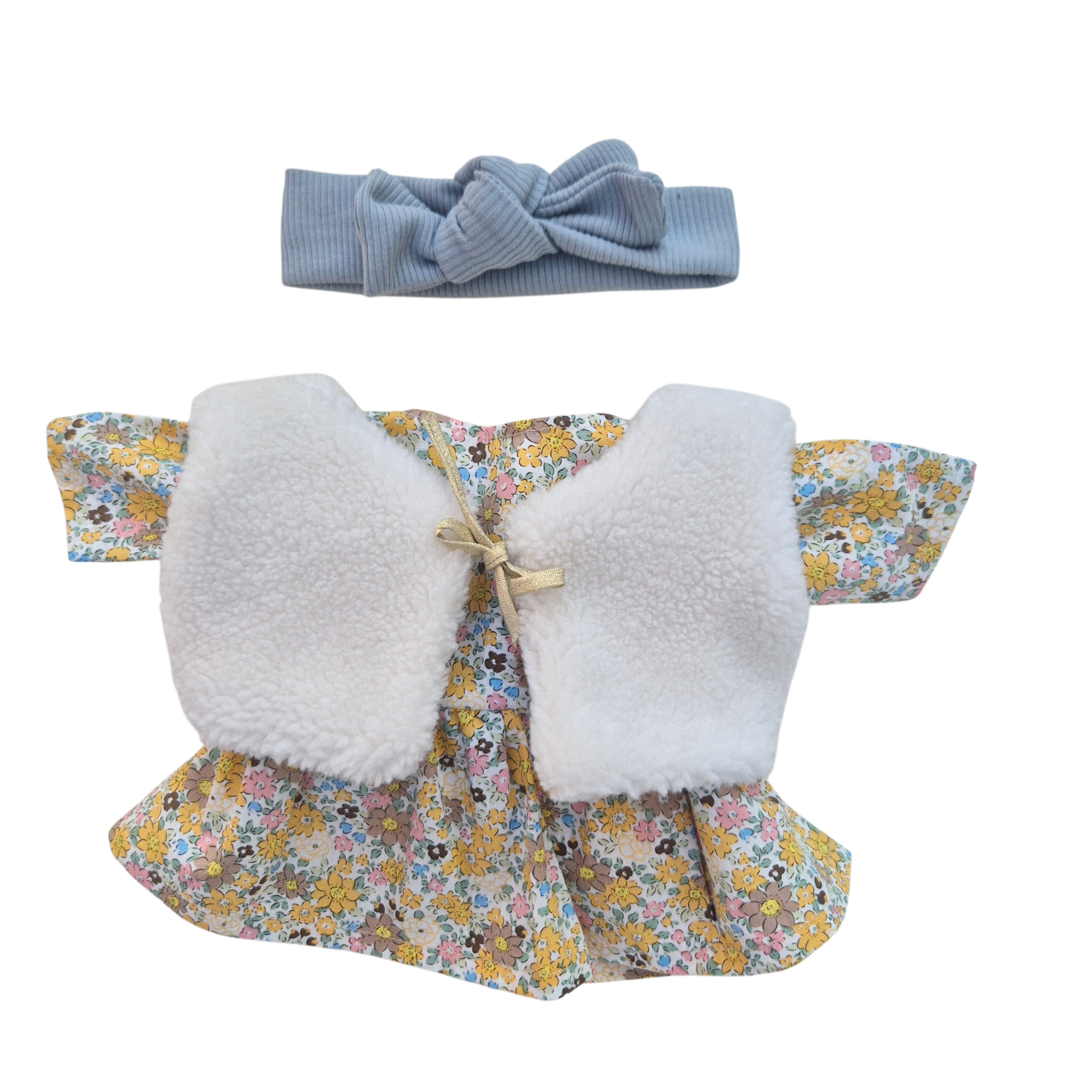 JUSTINE - robe liberty jaune + bandeau assorti bleu + gilet