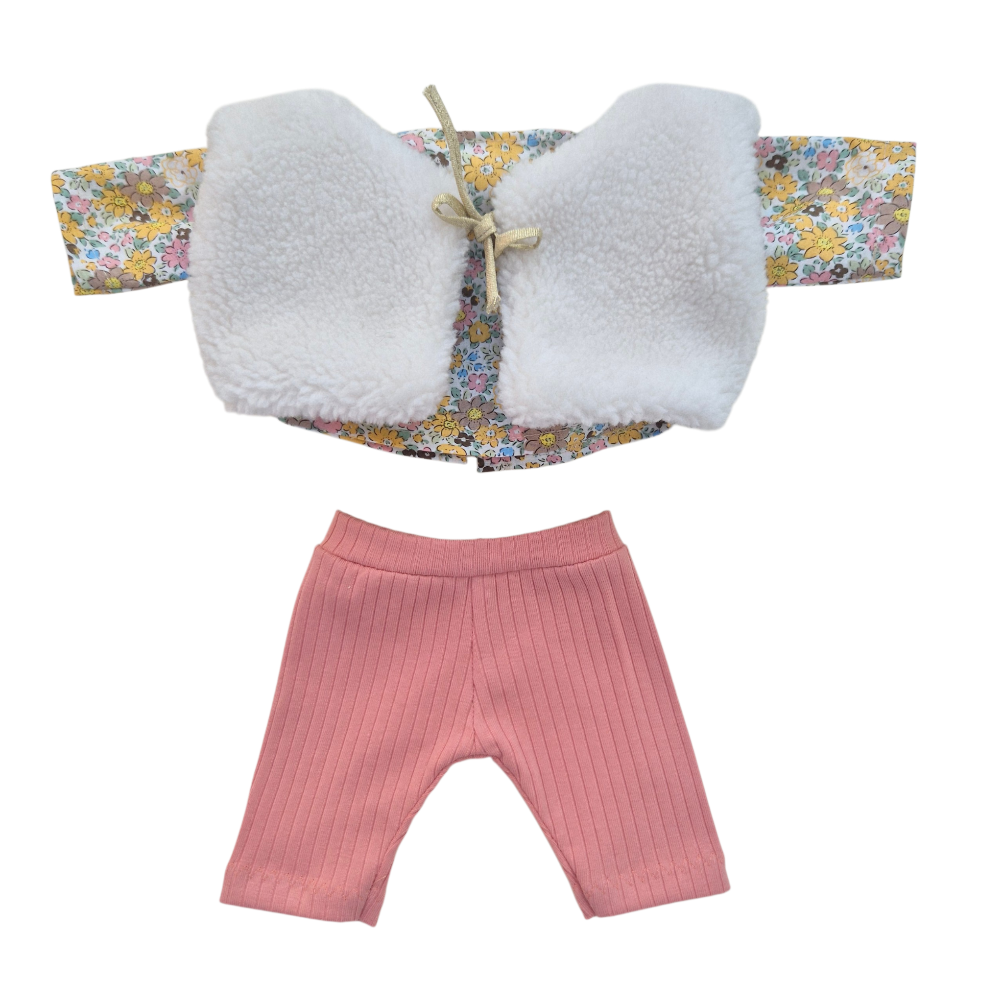 JUSTINE - Chemise liberty jaune + pantalon rose + gilet