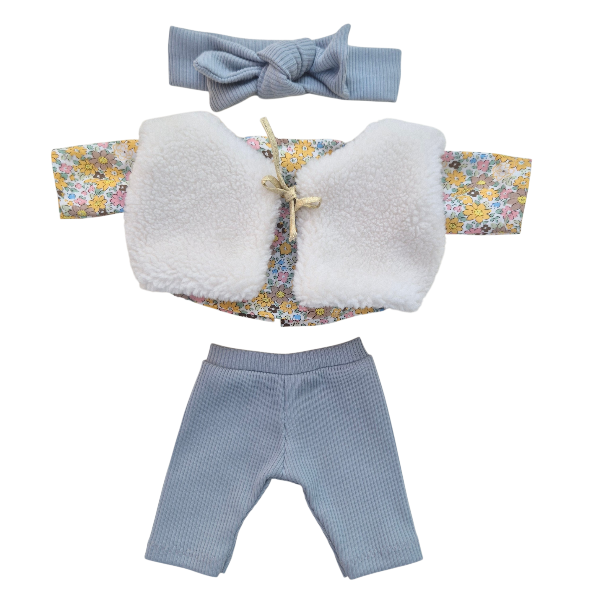 JUSTINE - Chemise liberty jaune + pantalon et bandeau bleu + gilet