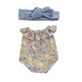 JUSTINE - Barboteuse liberty jaune + bandeau bleu