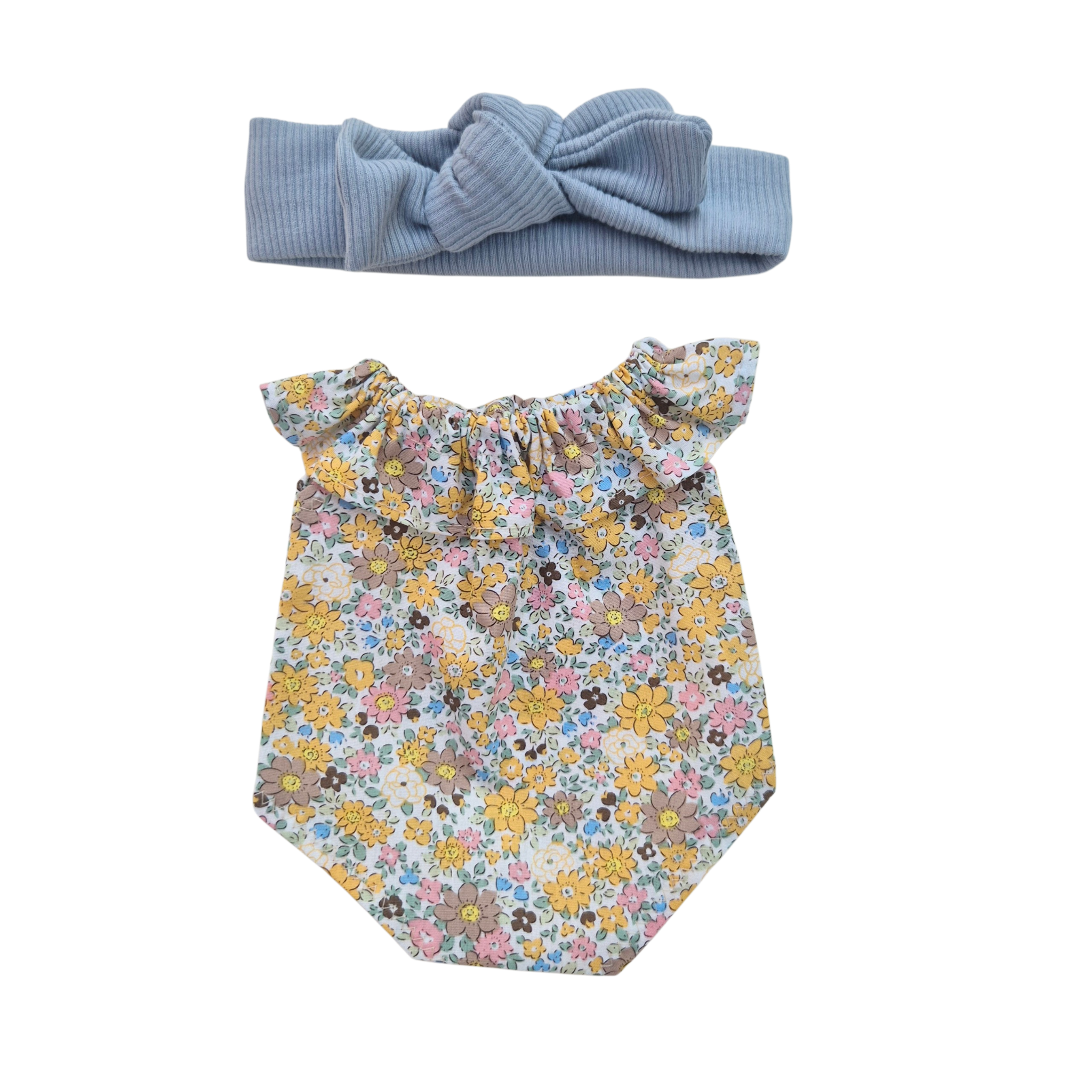 JUSTINE - Barboteuse liberty jaune + bandeau bleu
