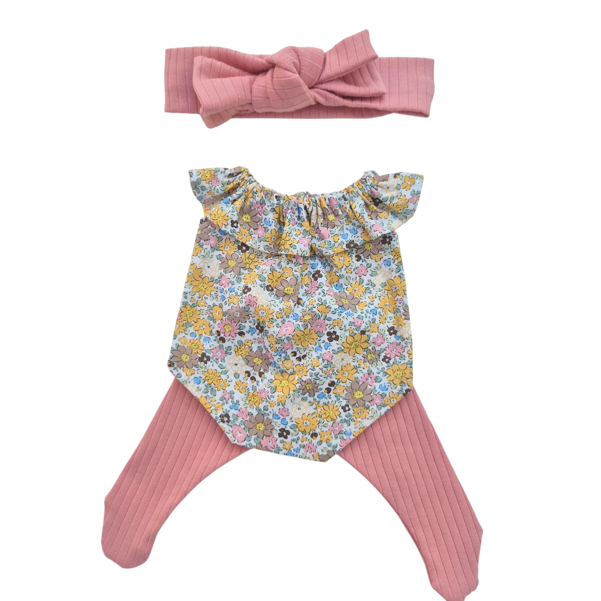 JUSTINE - Barboteuse liberty jaune + bandeau et collant rose