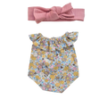 JUSTINE - Barboteuse liberty jaune + bandeau rose