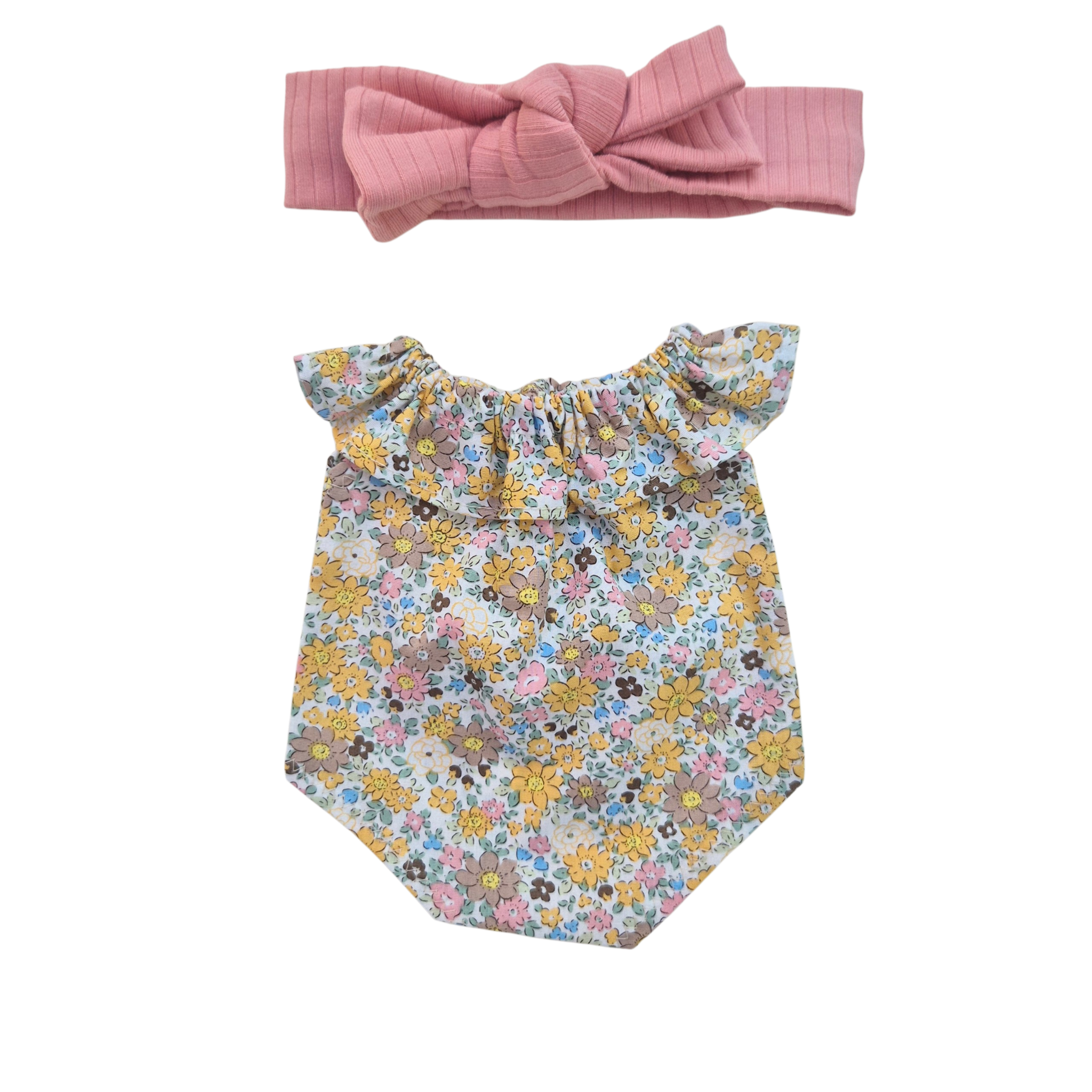 JUSTINE - Barboteuse liberty jaune + bandeau rose
