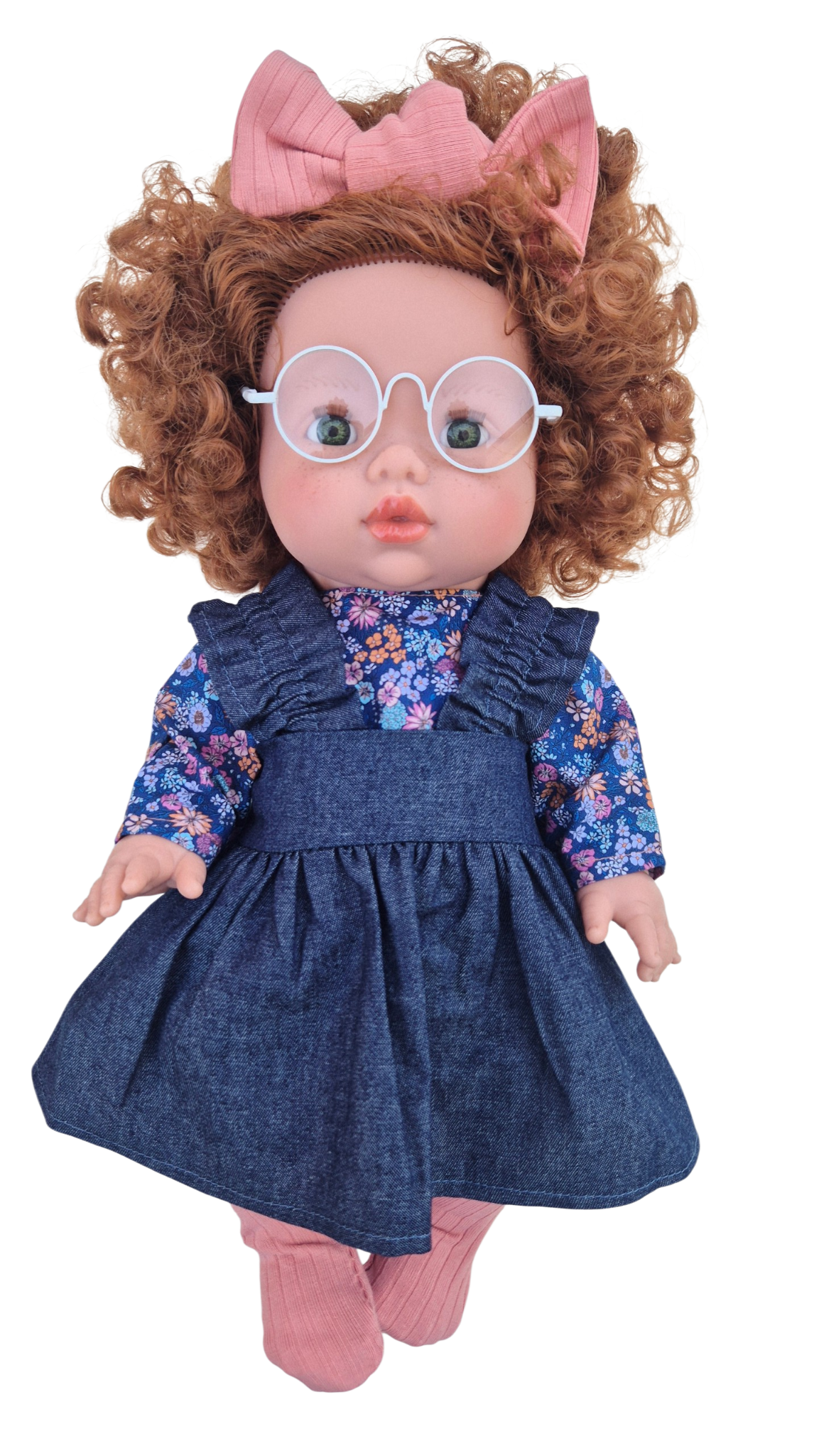 JUSTINE - robe bretelles + chemise liberty bleu + collant et bandeau rose