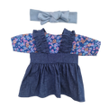 JUSTINE - robe bretelles + chemise liberty bleu + bandeau bleu