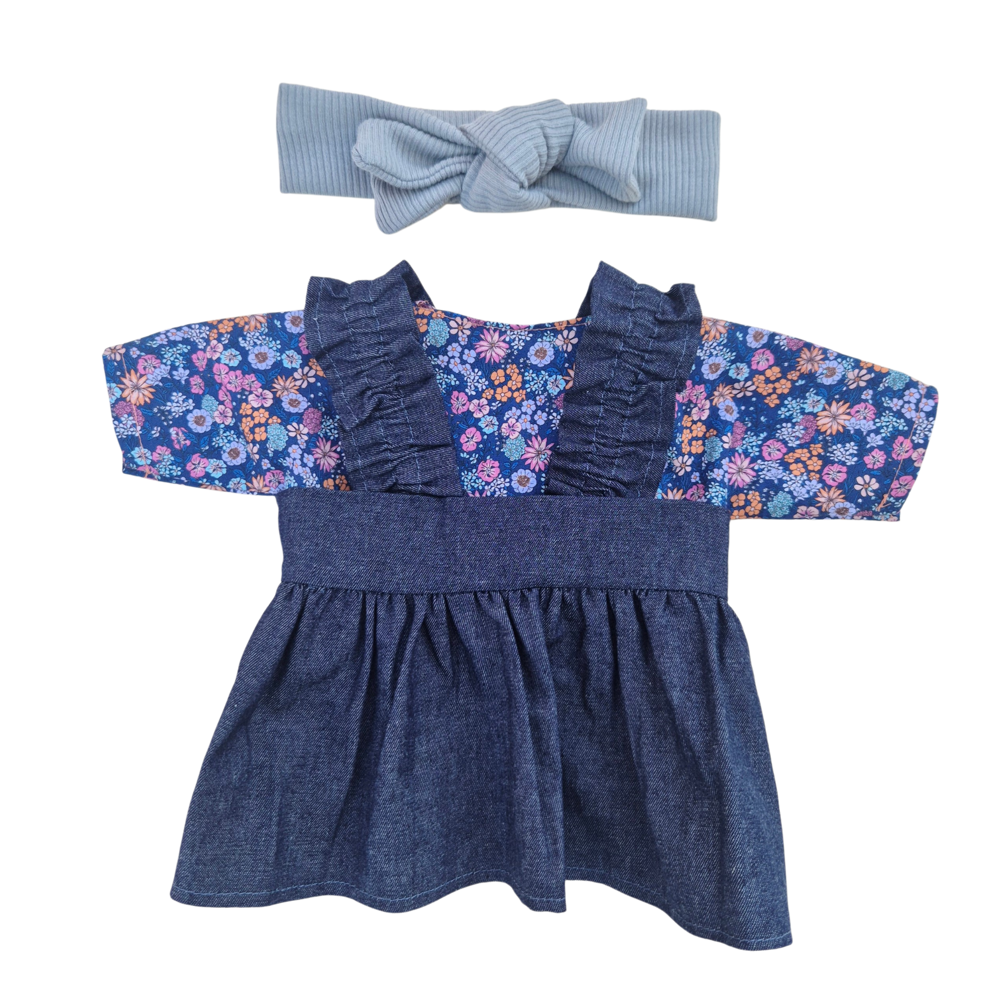 JUSTINE - robe bretelles + chemise liberty bleu + bandeau bleu