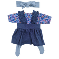 JUSTINE - robe bretelles + chemise liberty bleu + collant et bandeau bleu