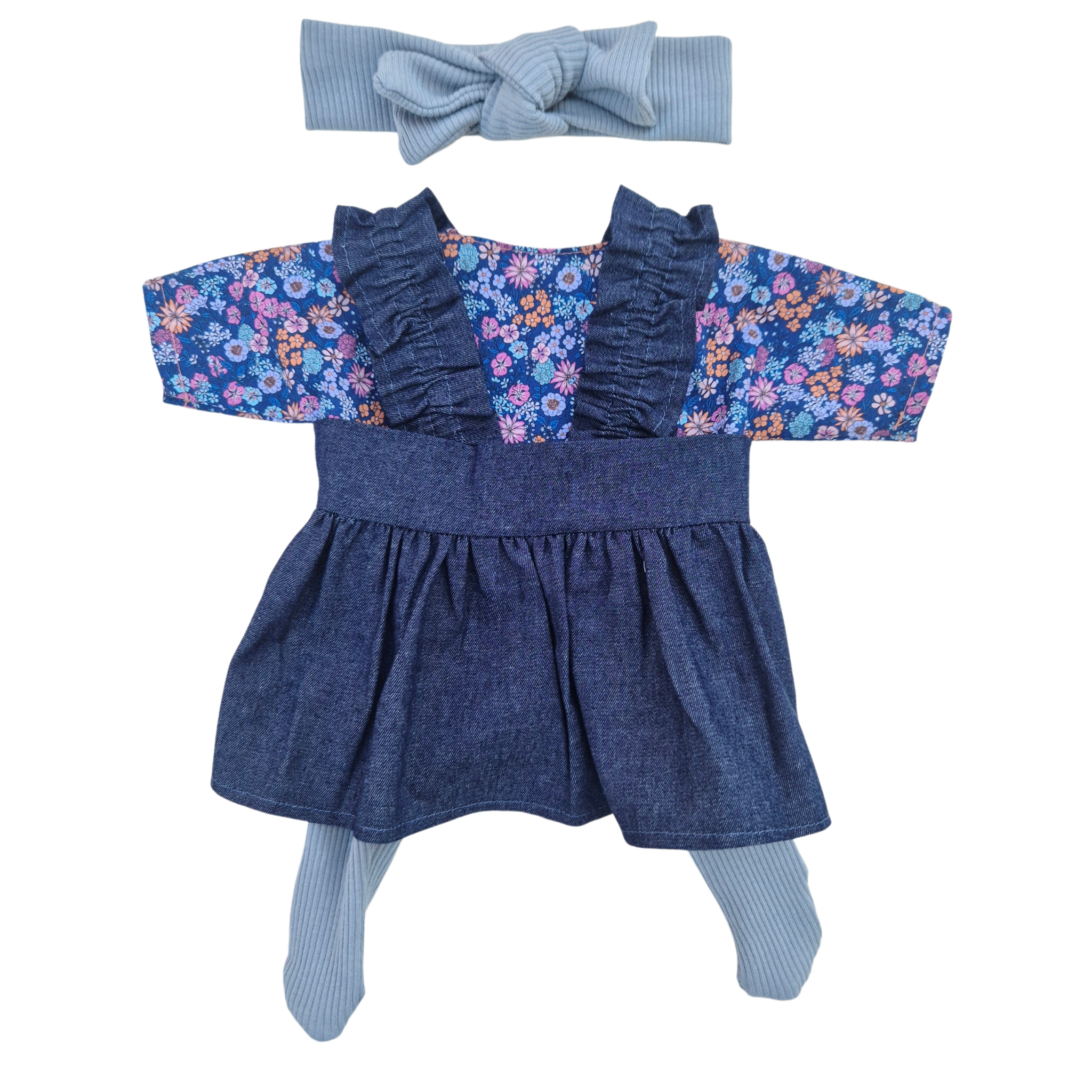 JUSTINE - robe bretelles + chemise liberty bleu + collant et bandeau bleu