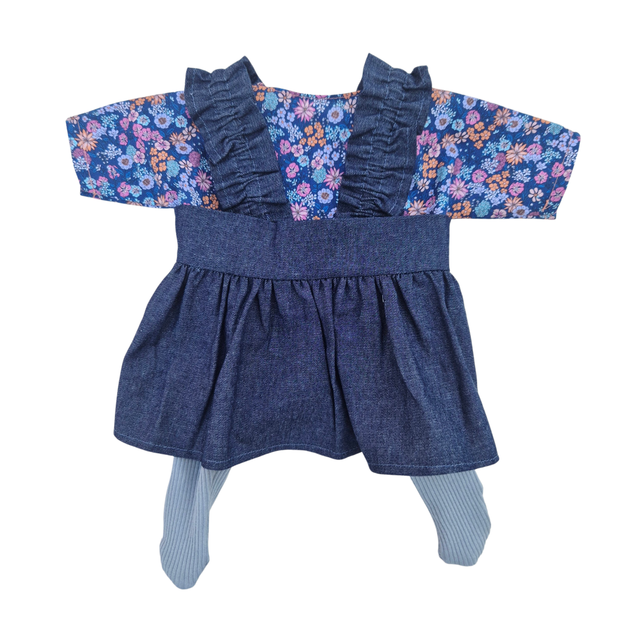 JUSTINE - robe bretelles + chemise liberty bleu + collant bleu